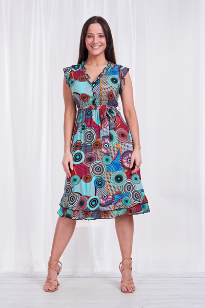 PRINTED TIE WAIST TEA DRESS