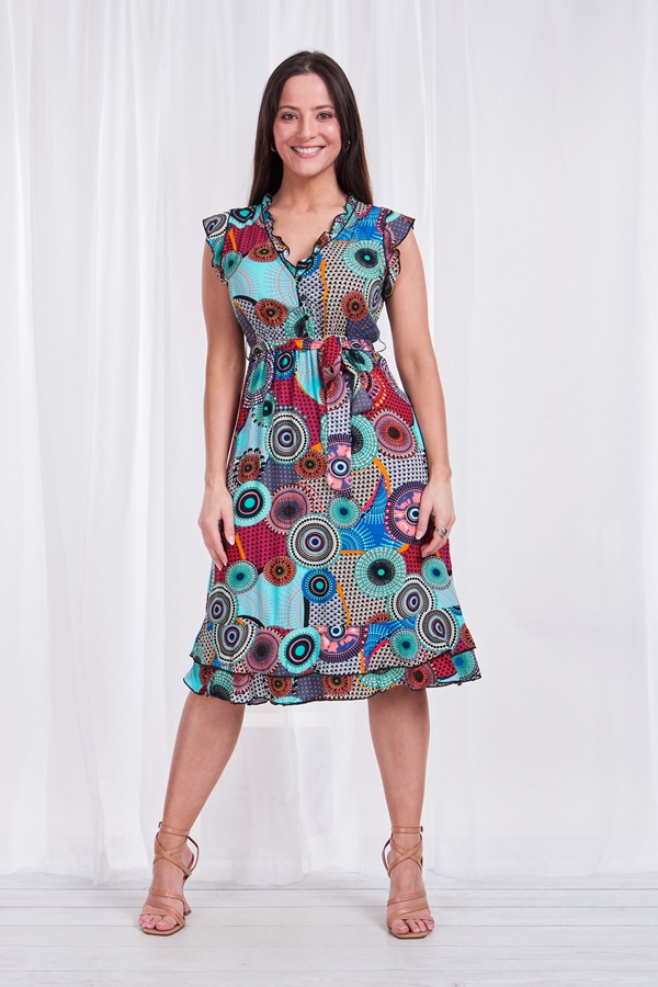 PRINTED TIE WAIST TEA DRESS