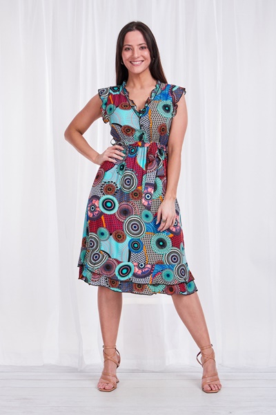 PRINTED TIE WAIST TEA DRESS