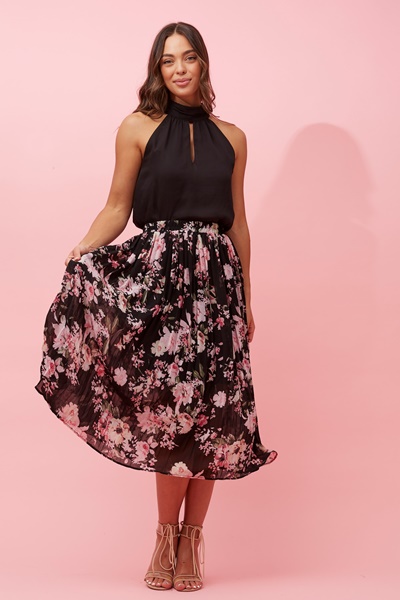 Reese Pleated Floral Midi Skirt