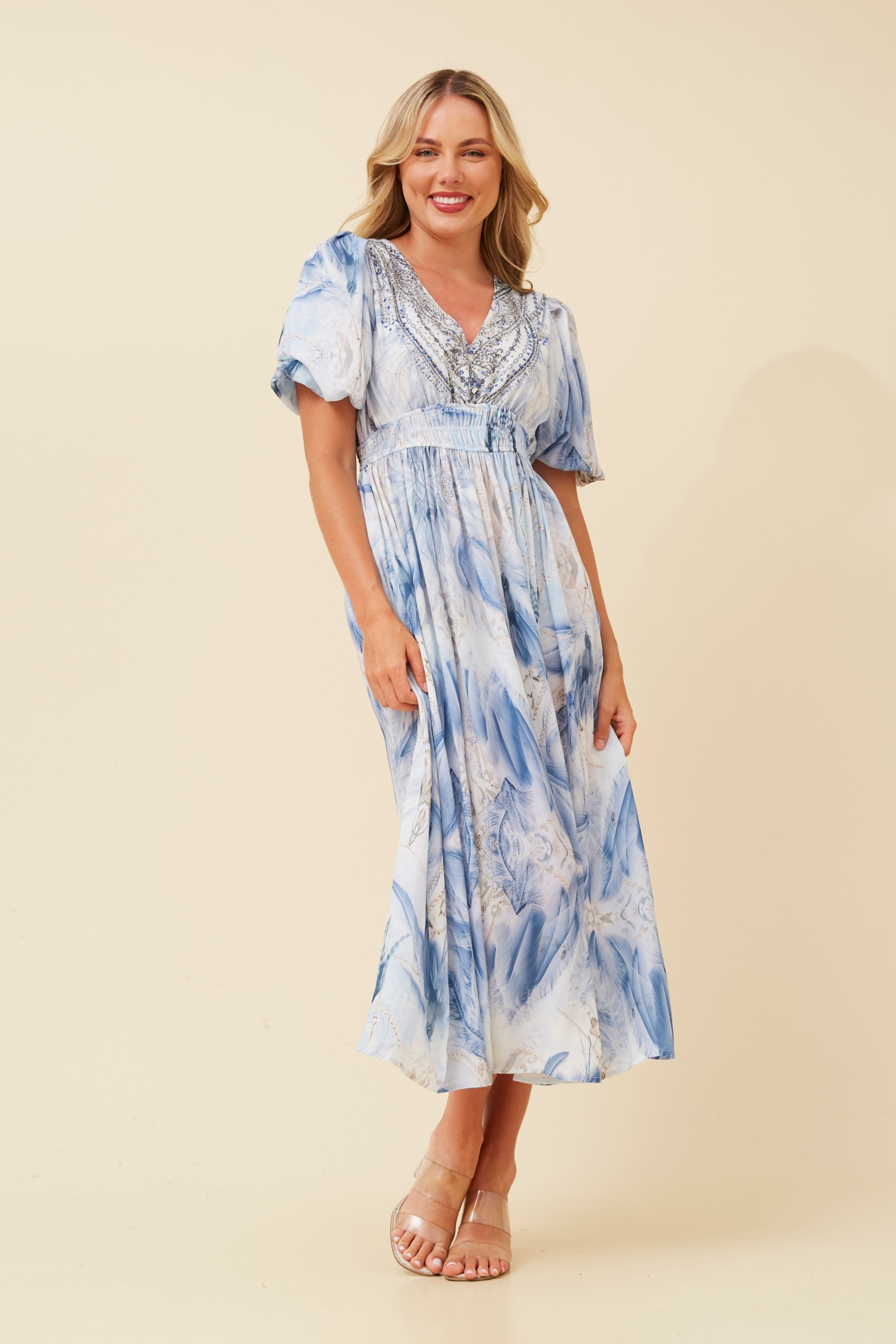 REID ARABESQUE PRINT MIDI DRESS