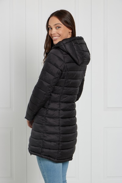 fitted puffer coat with hood