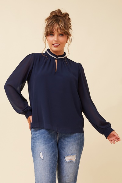 REYA DIAMANTE TRIM BLOUSE