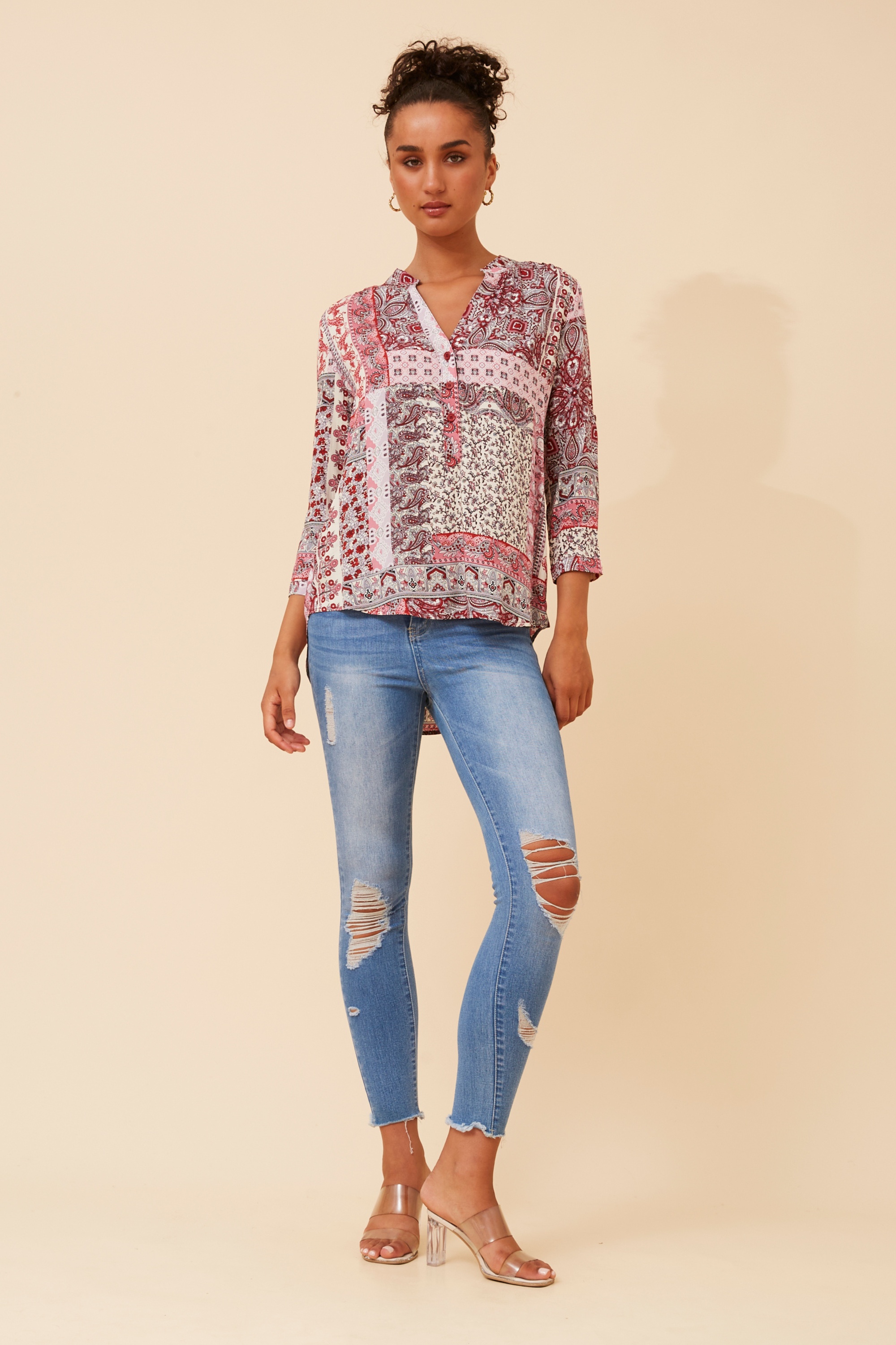 ROMINA PATCHWORK PRINT BLOUSE