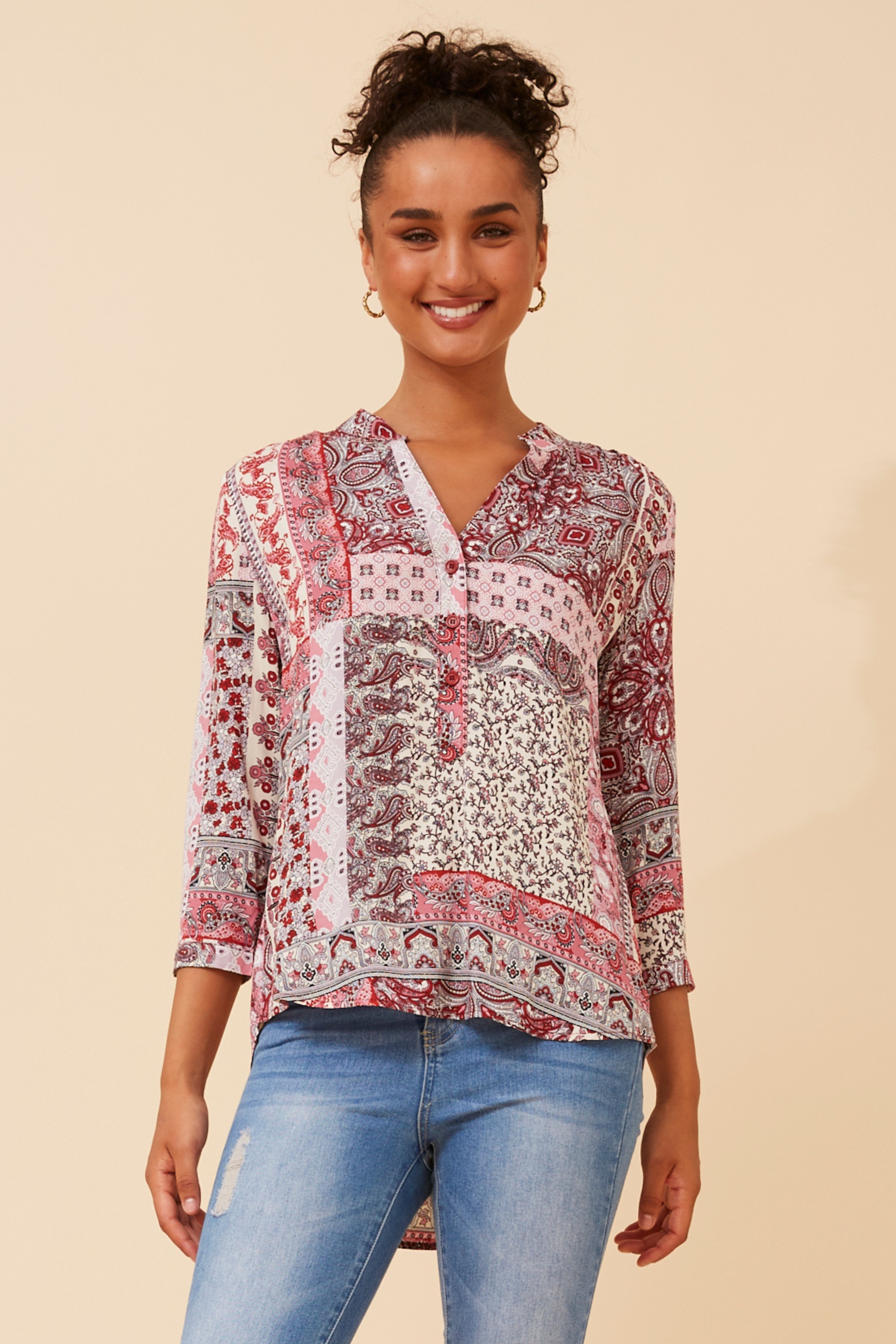 ROMINA PATCHWORK PRINT BLOUSE