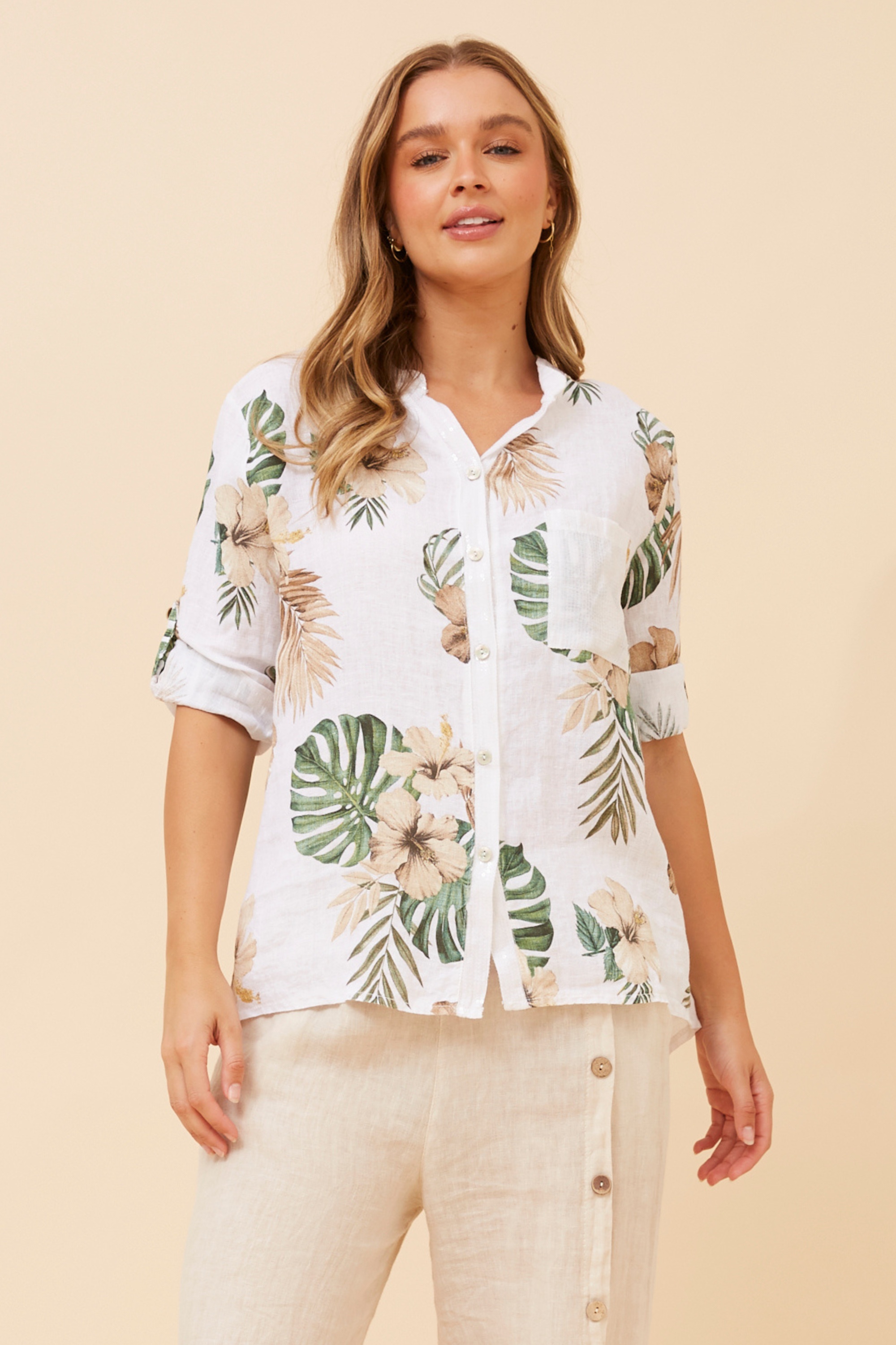 ROSALVA TROPICAL PRINT LINEN SHIRT