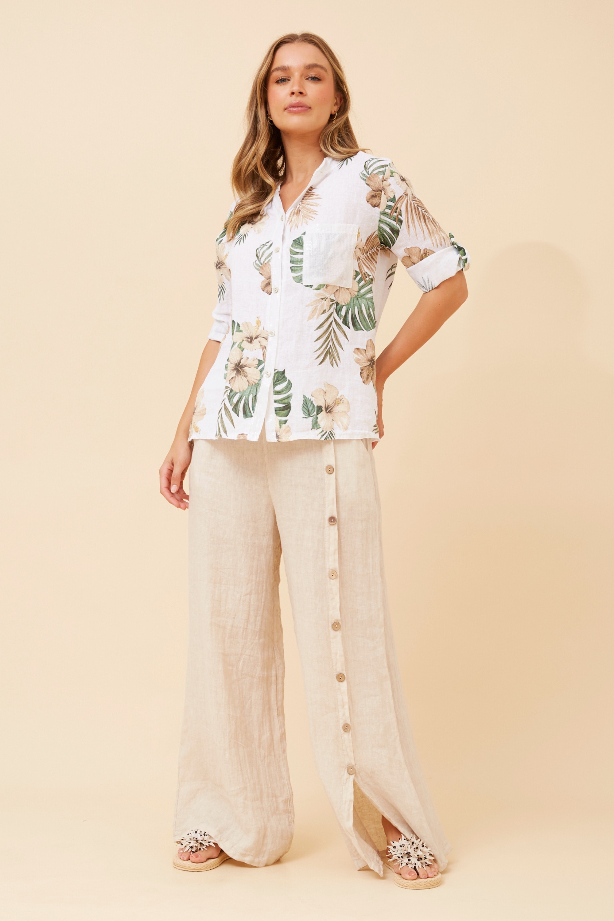 ROSALVA TROPICAL PRINT LINEN SHIRT