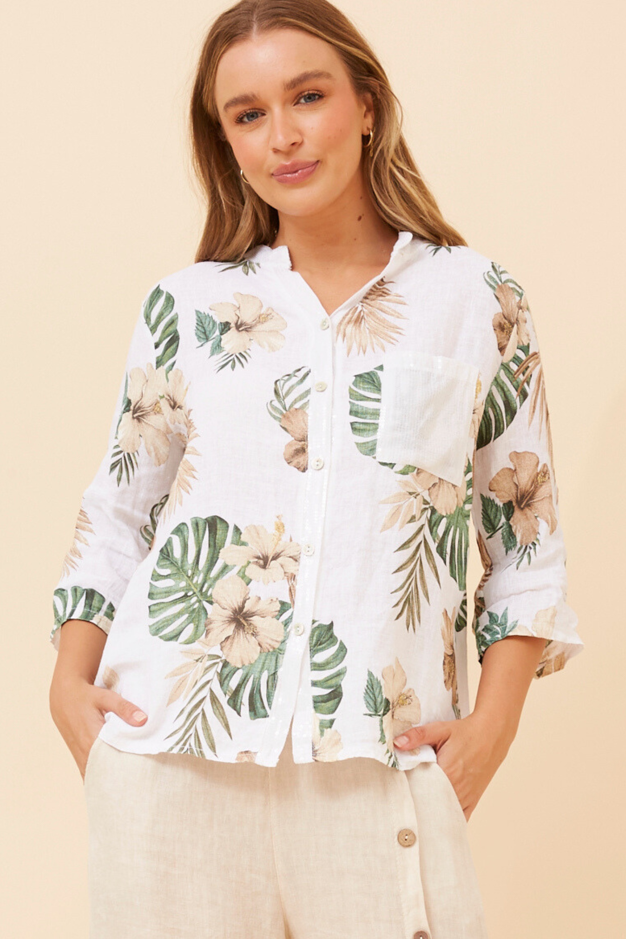 ROSALVA TROPICAL PRINT LINEN SHIRT
