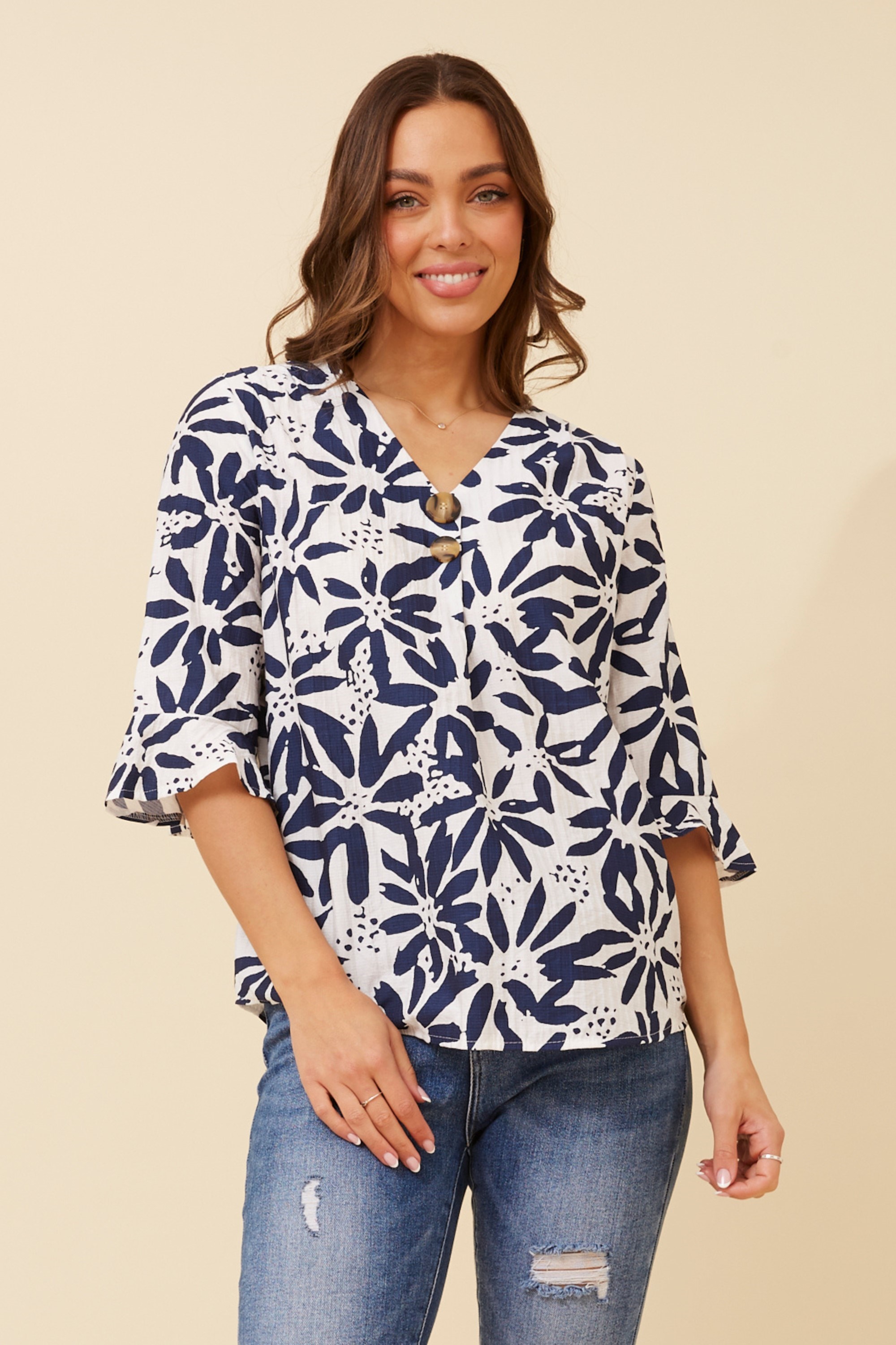 RUE FLORAL PRINT BUTTON DETAIL TOP