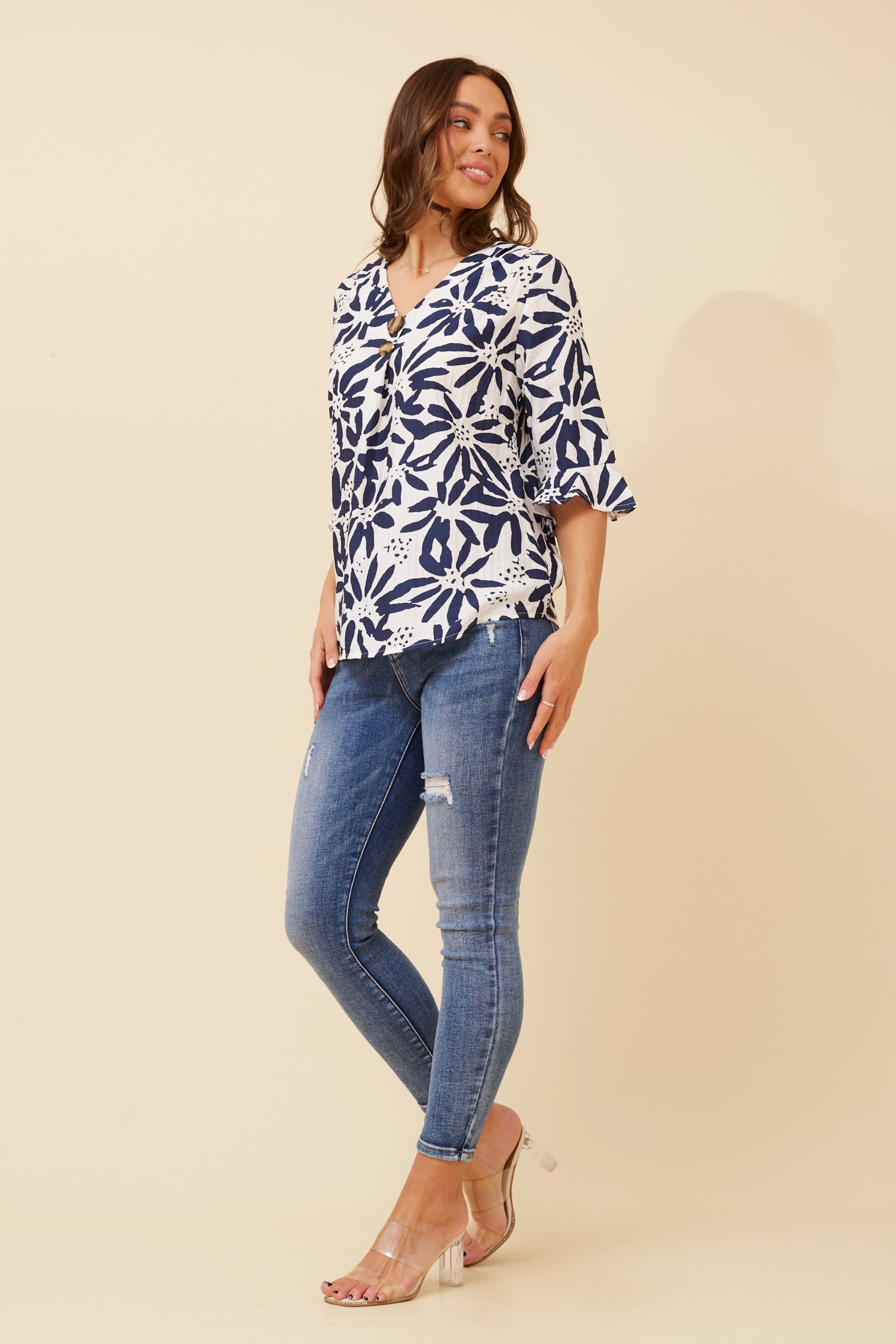 RUE FLORAL PRINT BUTTON DETAIL TOP