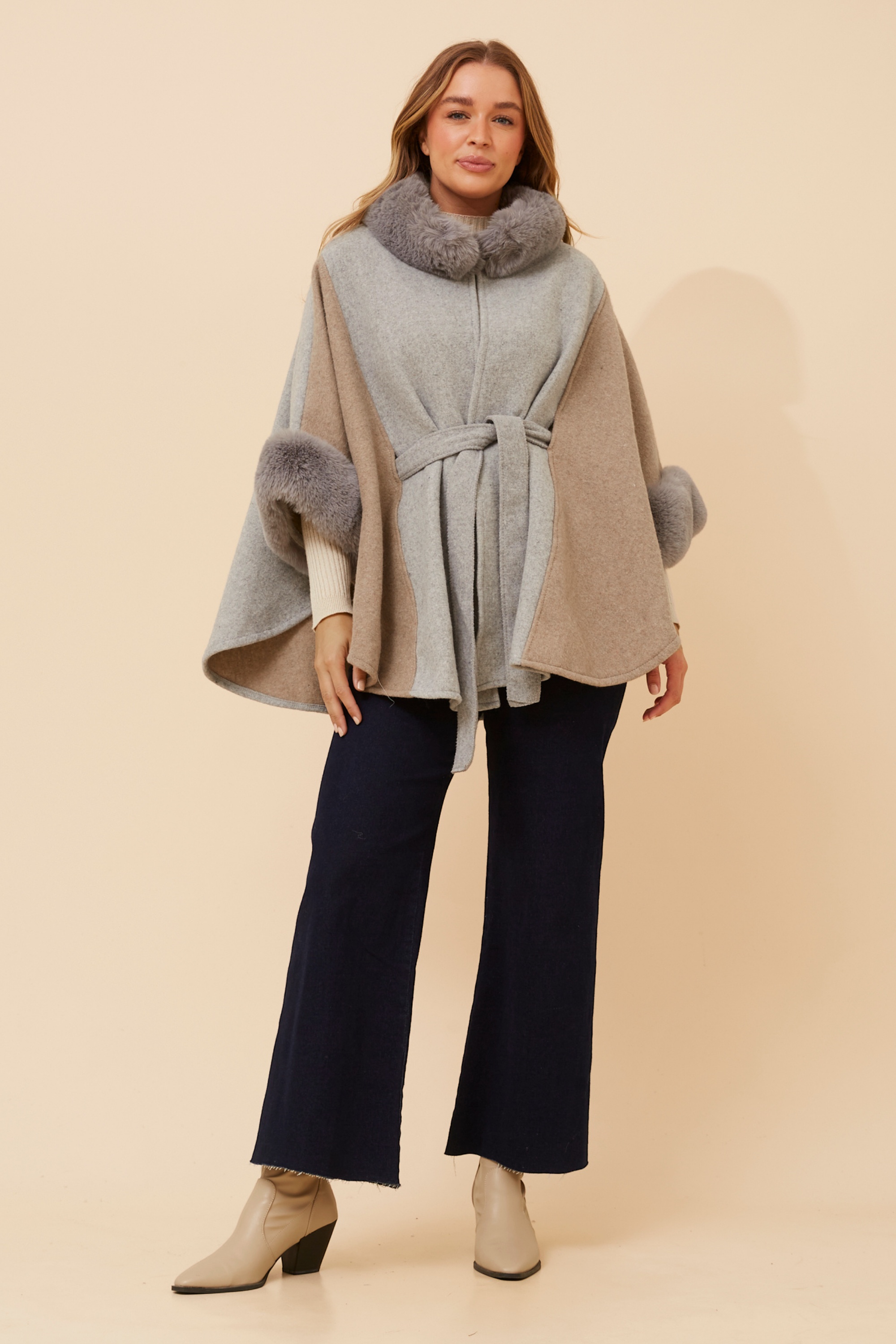 RYLAN FAUX FUR TRIM PONCHO