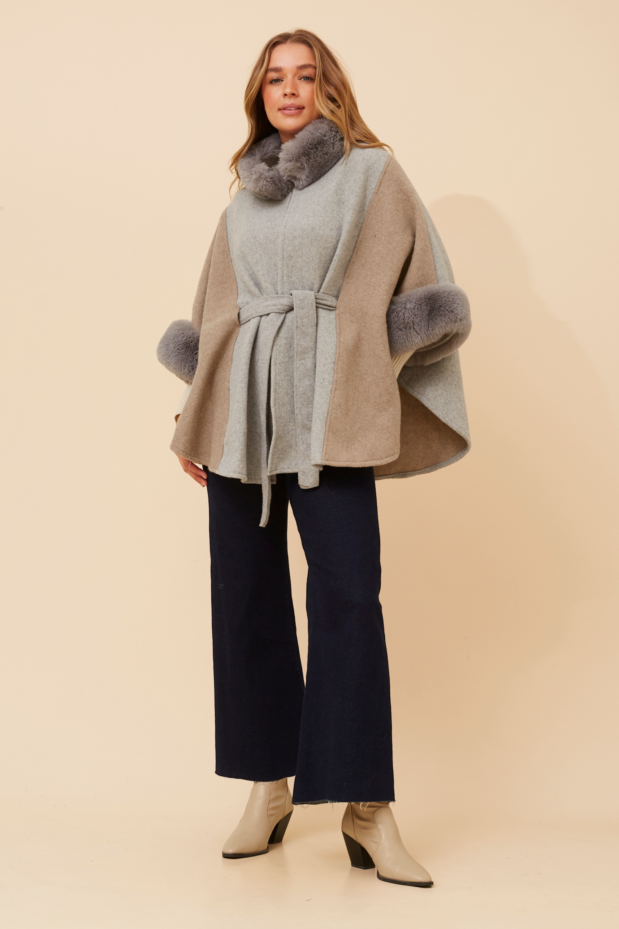 RYLAN FAUX FUR TRIM PONCHO