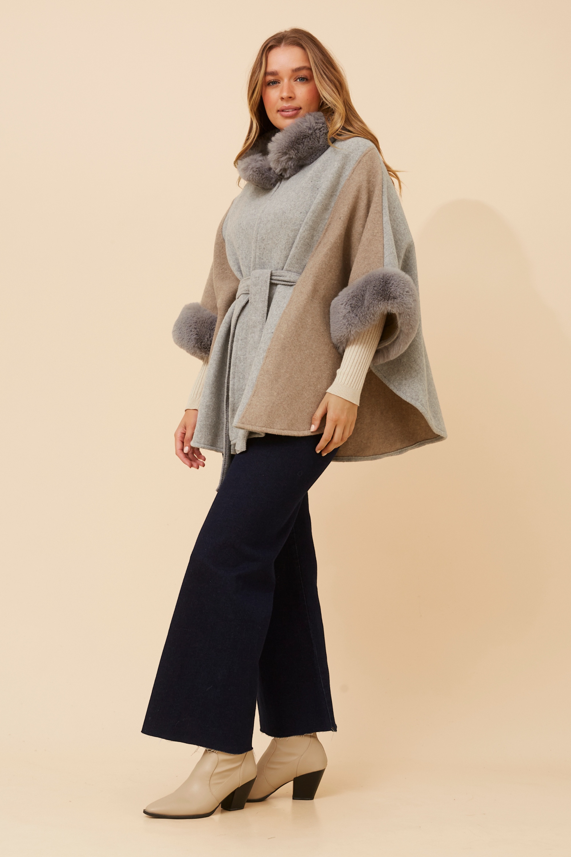 RYLAN FAUX FUR TRIM PONCHO