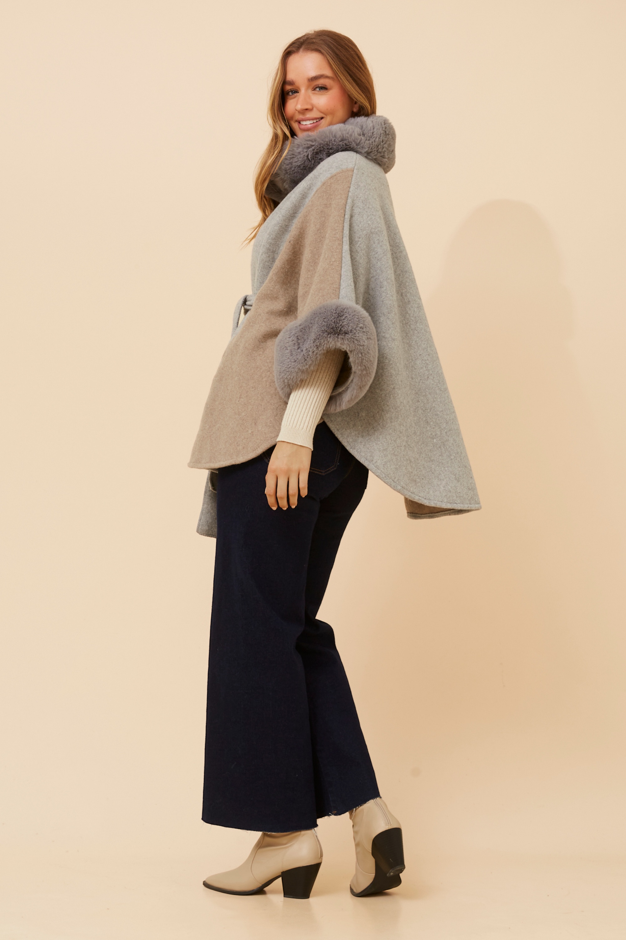 RYLAN FAUX FUR TRIM PONCHO