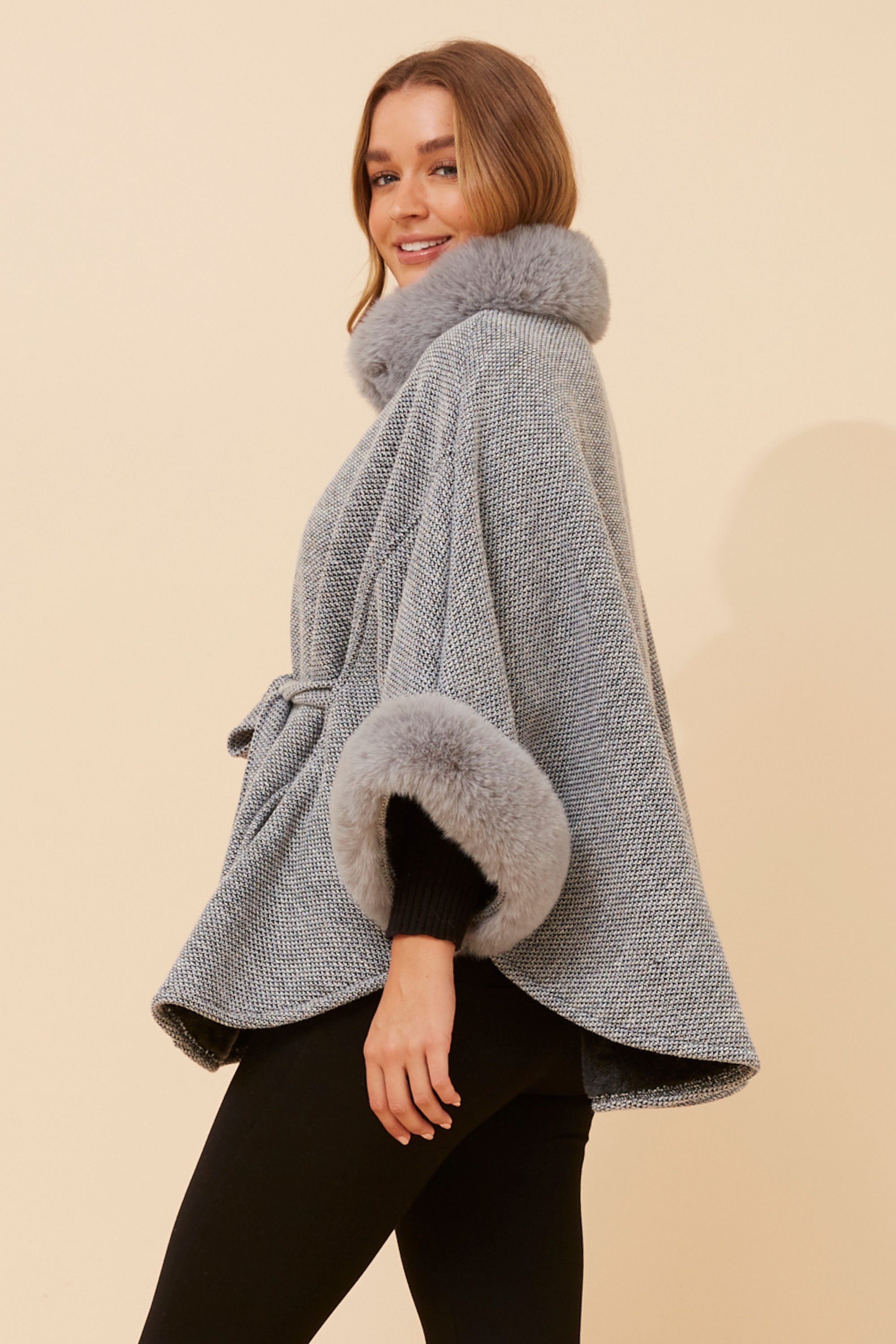 RYLAN FAUX FUR TRIM PONCHO