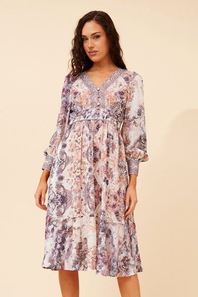 RYLIE ARABESQUE PRINT MIDI DRESS