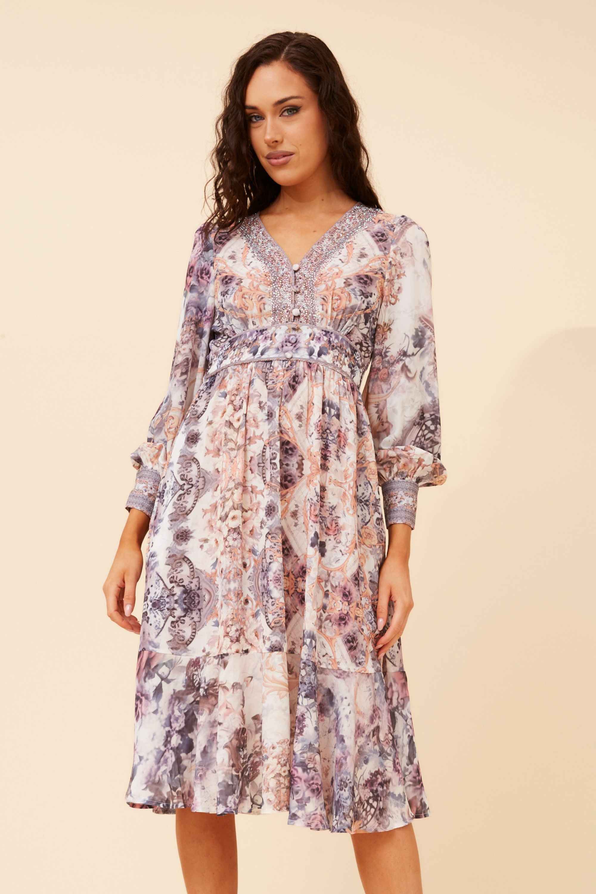 RYLIE ARABESQUE PRINT MIDI DRESS