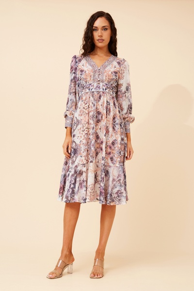 RYLIE ARABESQUE PRINT MIDI DRESS