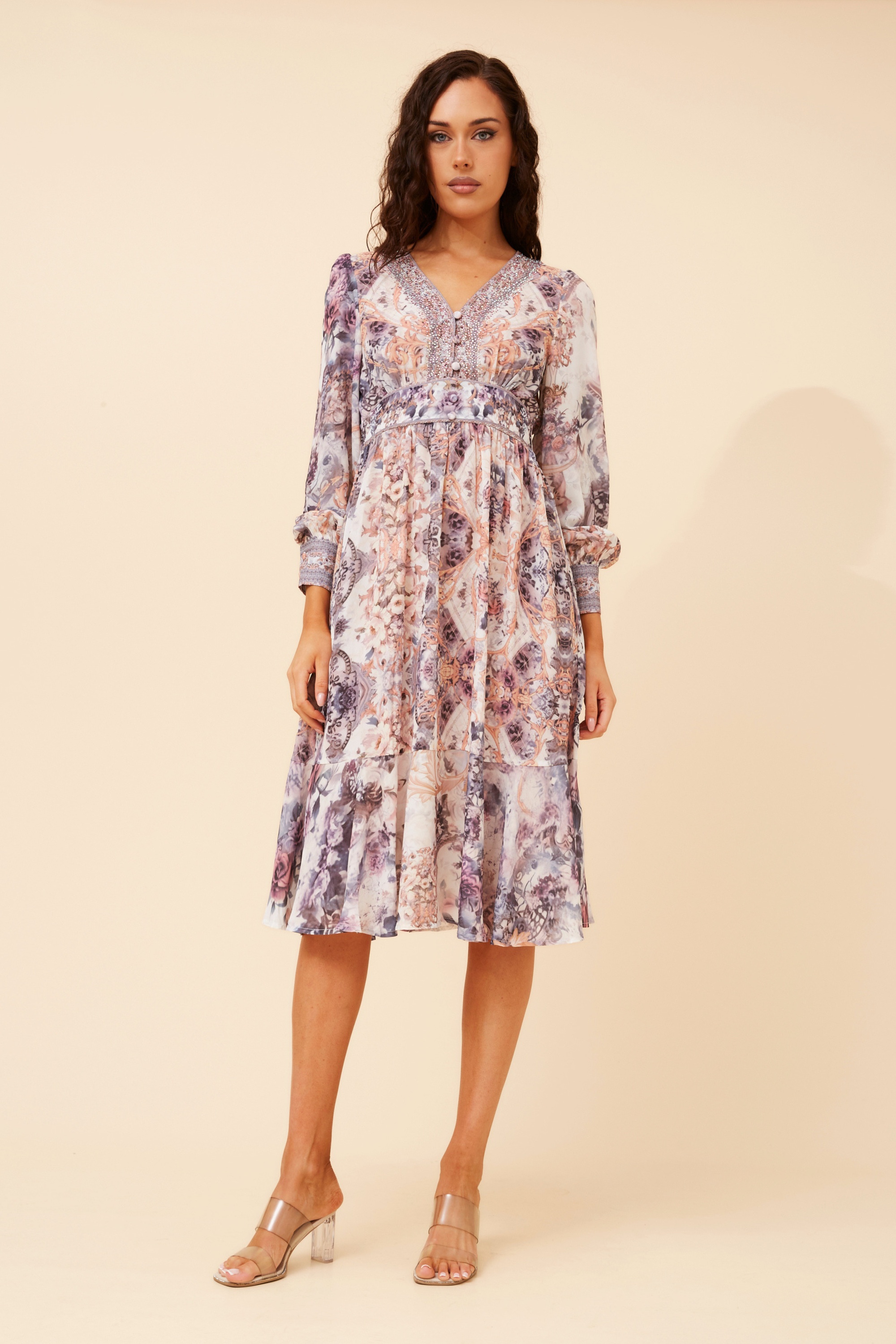 RYLIE ARABESQUE PRINT MIDI DRESS
