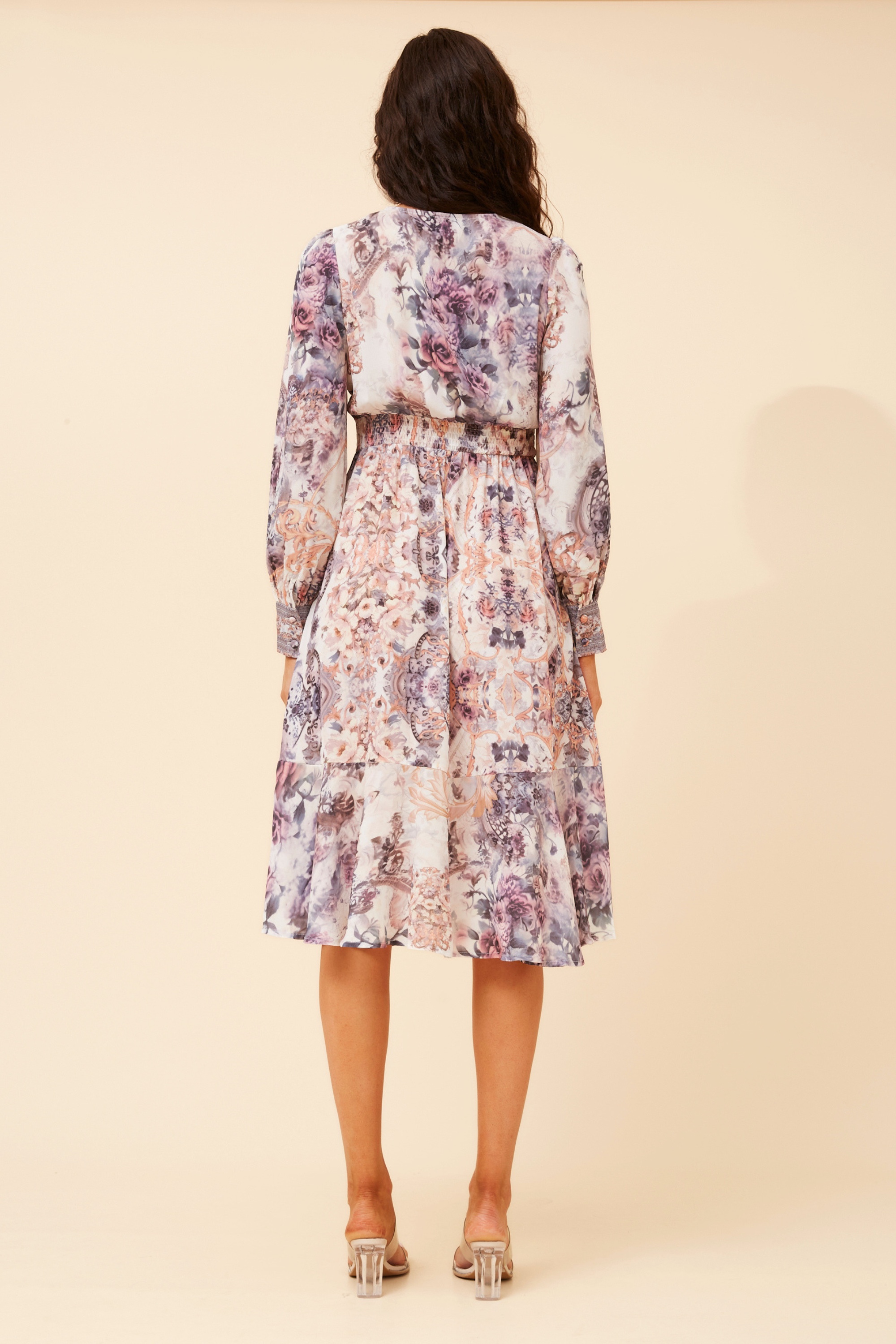 RYLIE ARABESQUE PRINT MIDI DRESS