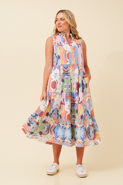 SERENITY ABSTRACT PRINT TIERED DRESS