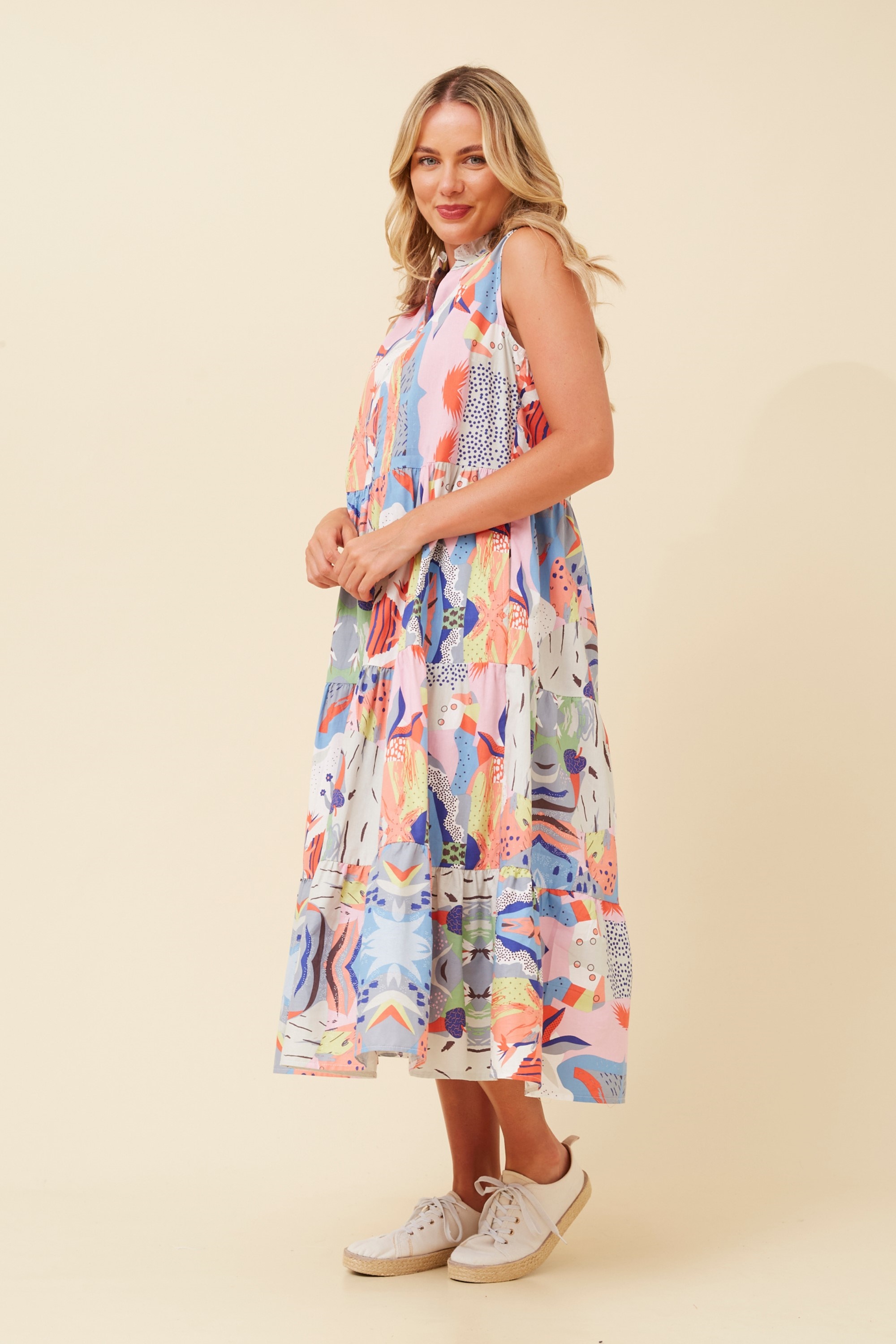 SERENITY ABSTRACT PRINT TIERED DRESS