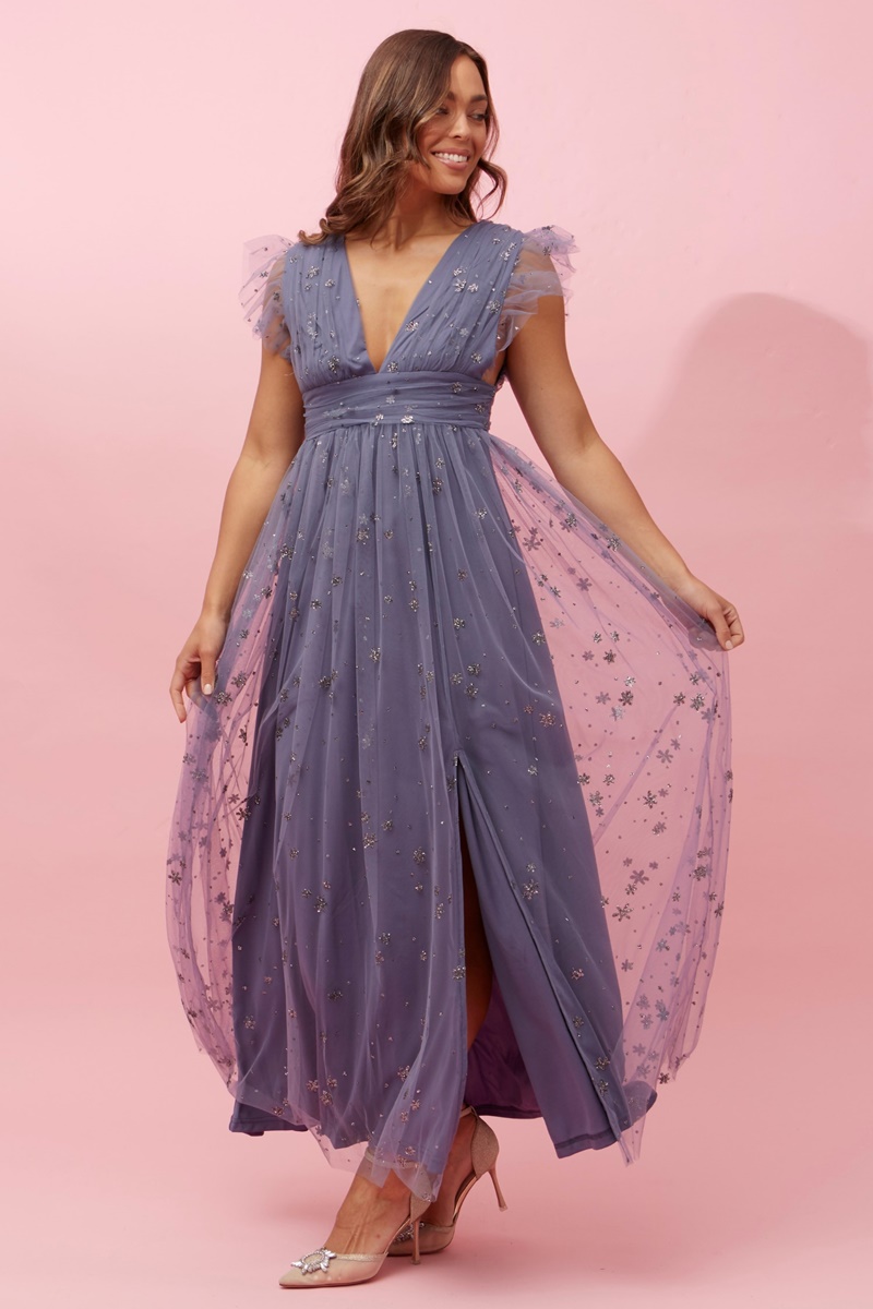 Sharlene frill sleeve glitter maxi dress | Buy Online | Femme Connection