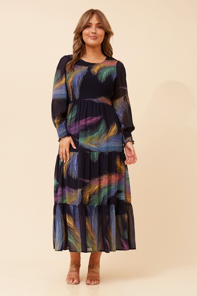 SHERRY FEATHER PRINT MAXI DRESS