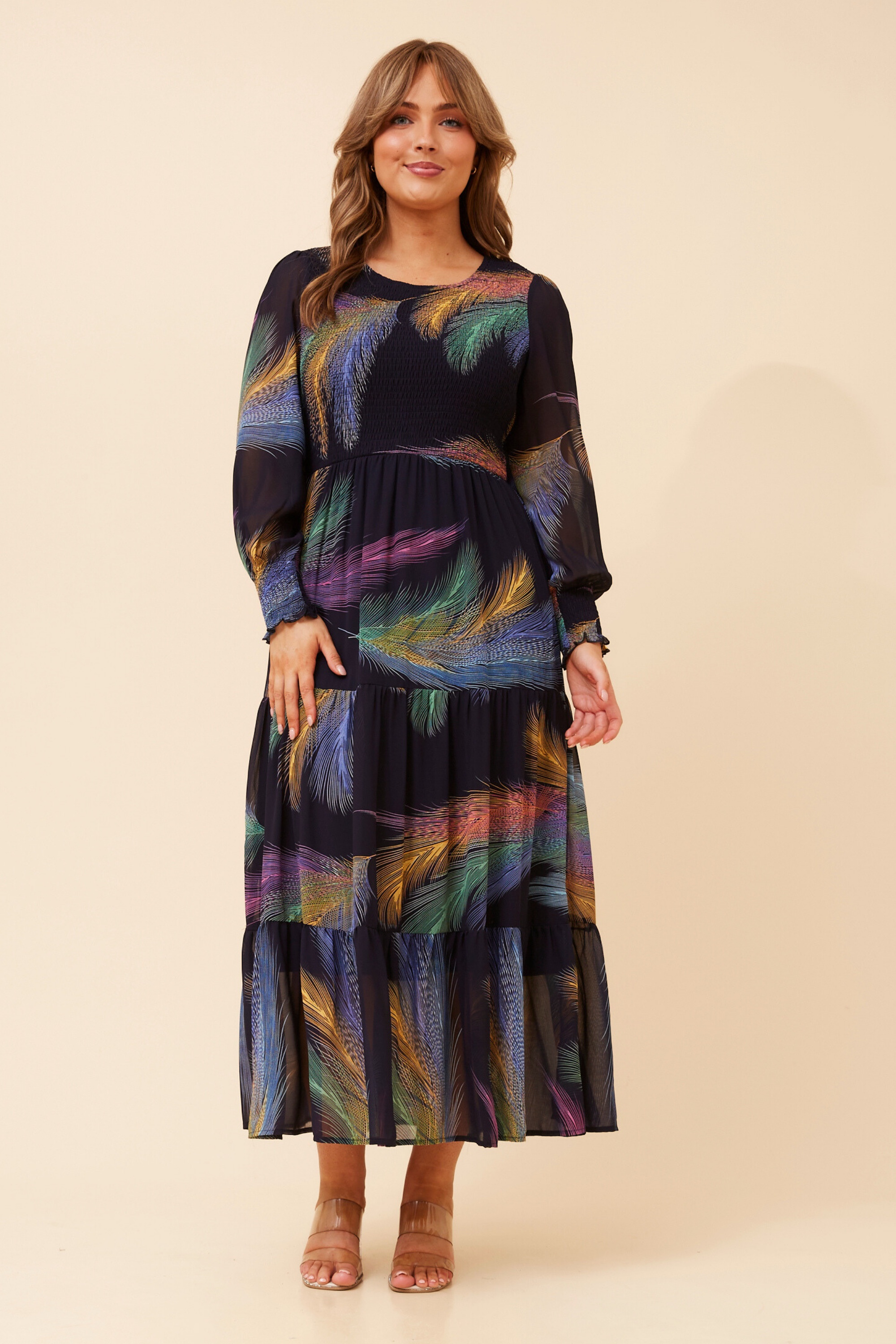 SHERRY FEATHER PRINT MAXI DRESS