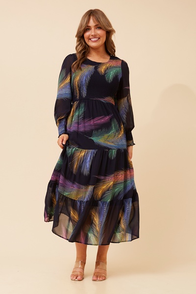 SHERRY FEATHER PRINT MAXI DRESS