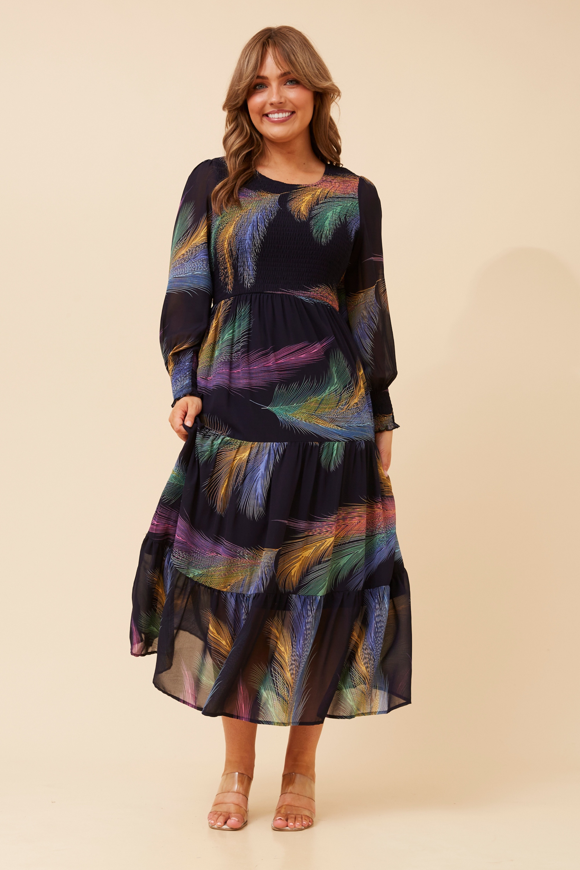 SHERRY FEATHER PRINT MAXI DRESS