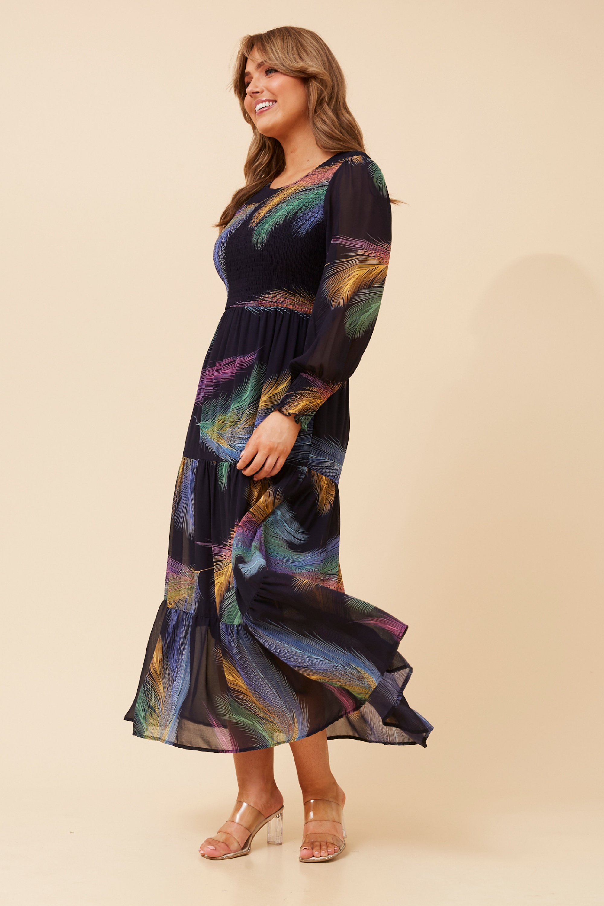 SHERRY FEATHER PRINT MAXI DRESS