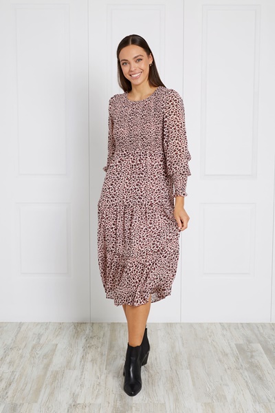 SHIRRED ANIMAL PRINT MIDI DRESS