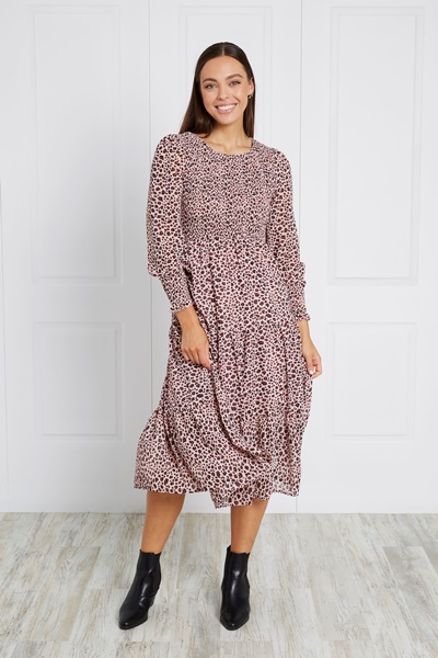 SHIRRED ANIMAL PRINT MIDI DRESS
