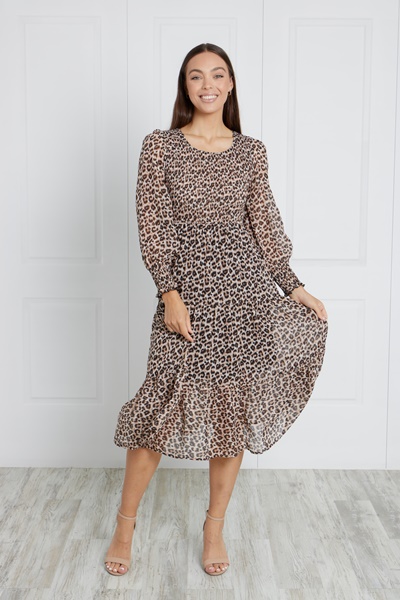 SHIRRED ANIMAL PRINT MIDI DRESS