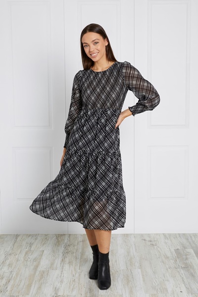 SHIRRED CHECK PRINT MIDI DRESS