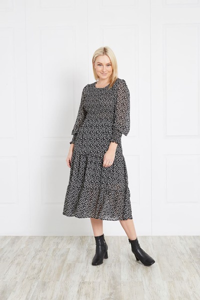SHIRRED DETAIL PRINTED DRESS