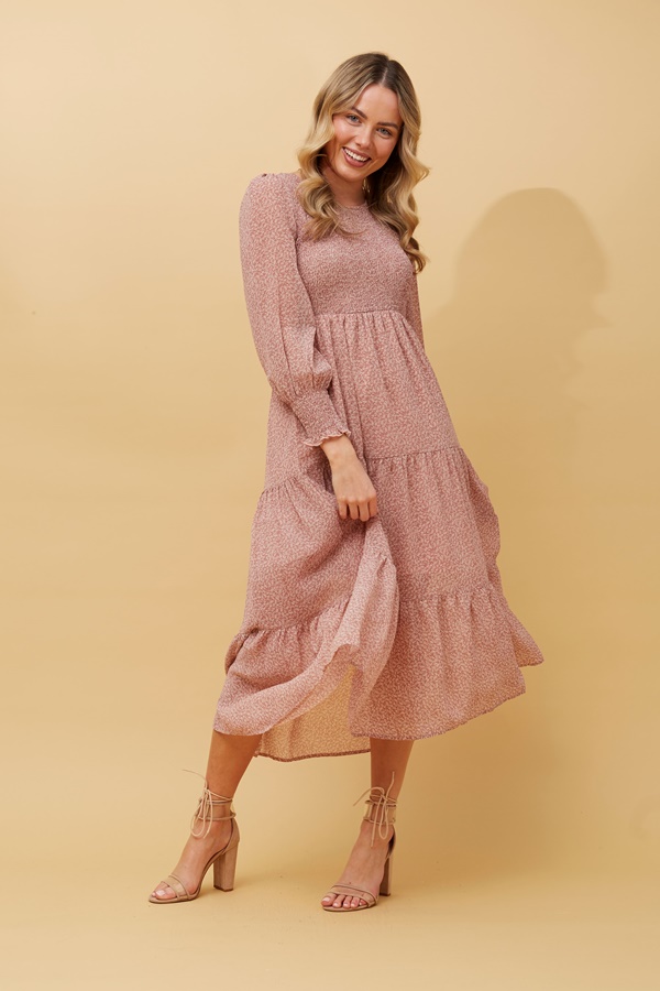 SHIRRED DITSY FLORAL MIDI DRESS SHIRRED DITSY FLORAL MIDI DRESS