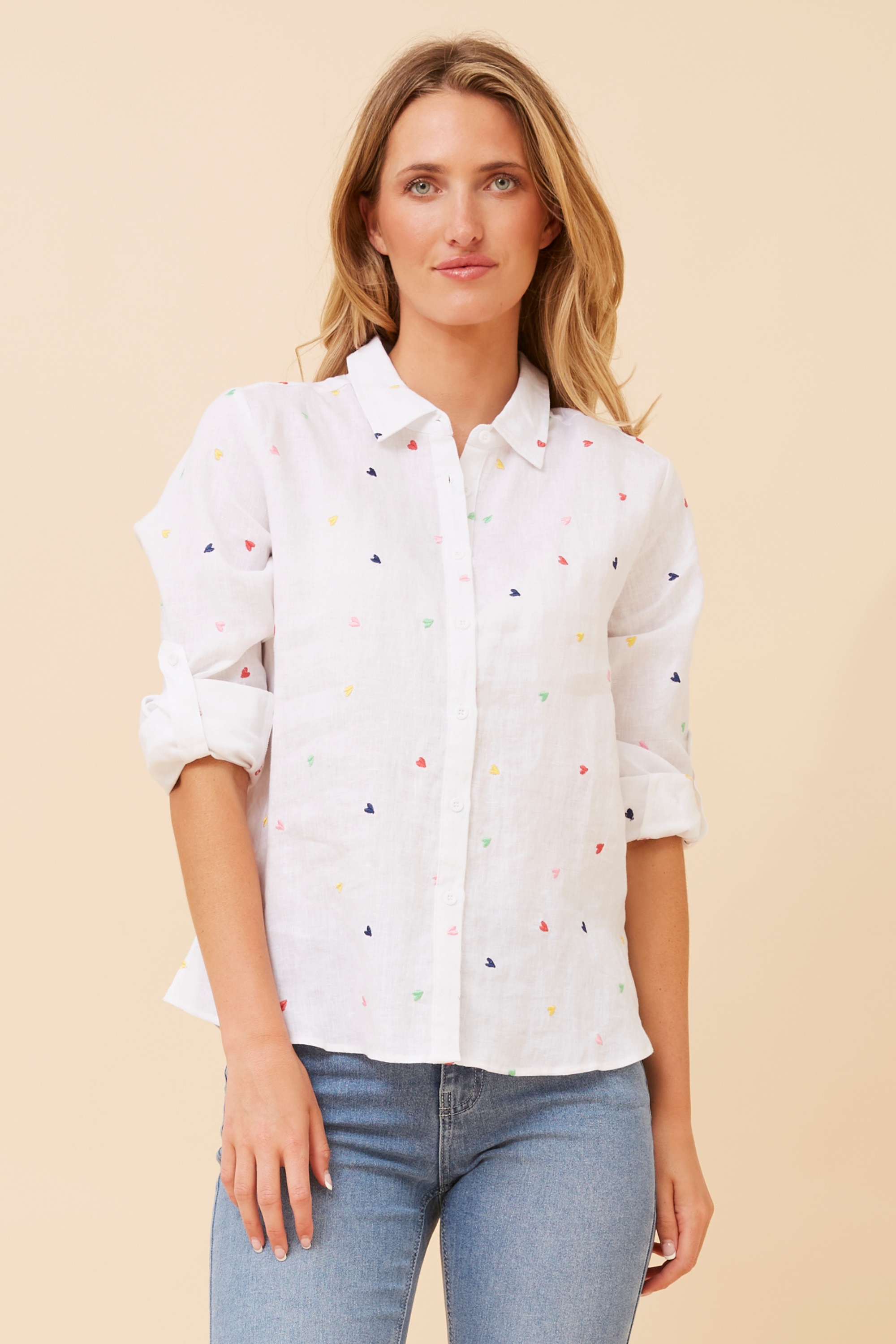 SIMRAN HEART EMBROIDERY LINEN SHIRT