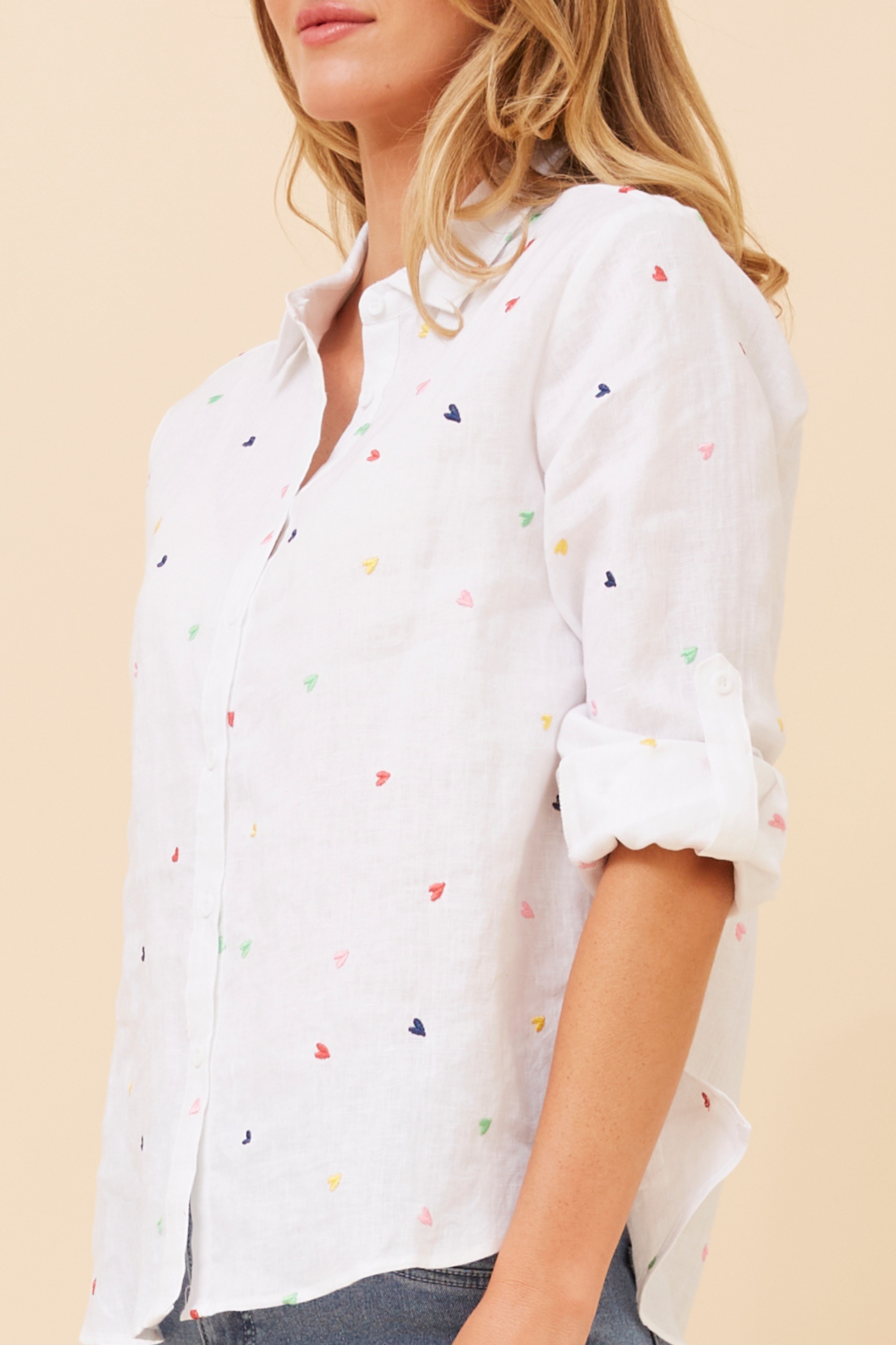 SIMRAN HEART EMBROIDERY LINEN SHIRT