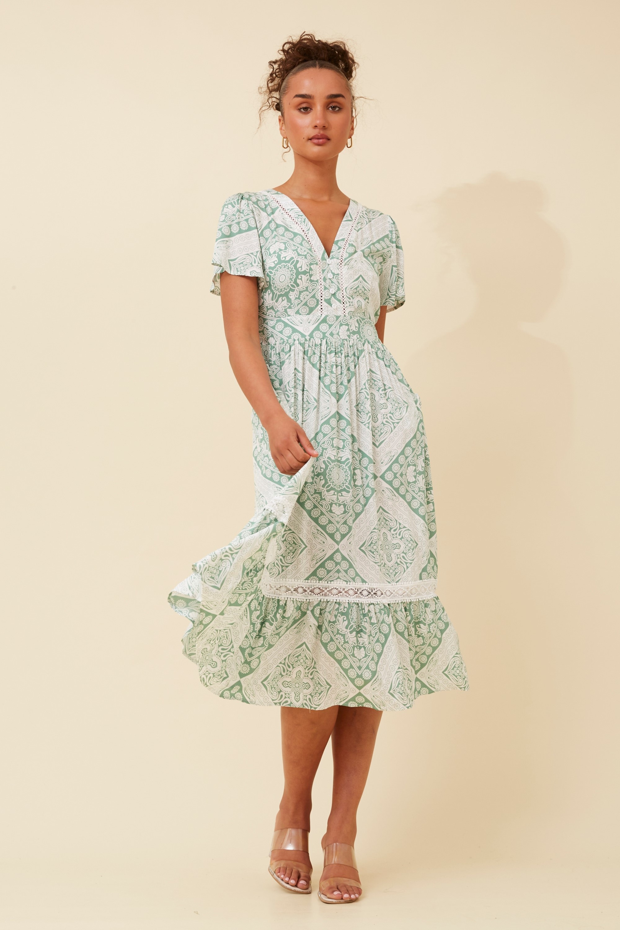 SOLANA TILE PRINT MIDI DRESS
