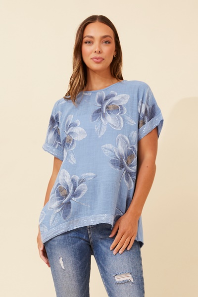 SOULA FLORAL SEQUIN LINEN TOP