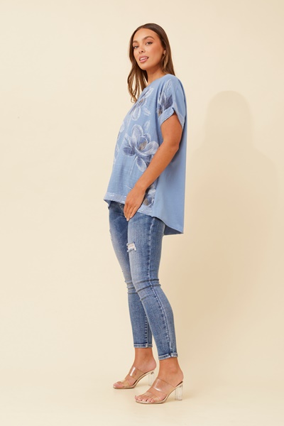 SOULA FLORAL SEQUIN LINEN TOP