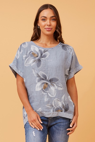 SOULA FLORAL SEQUIN LINEN TOP