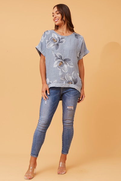 SOULA FLORAL SEQUIN LINEN TOP