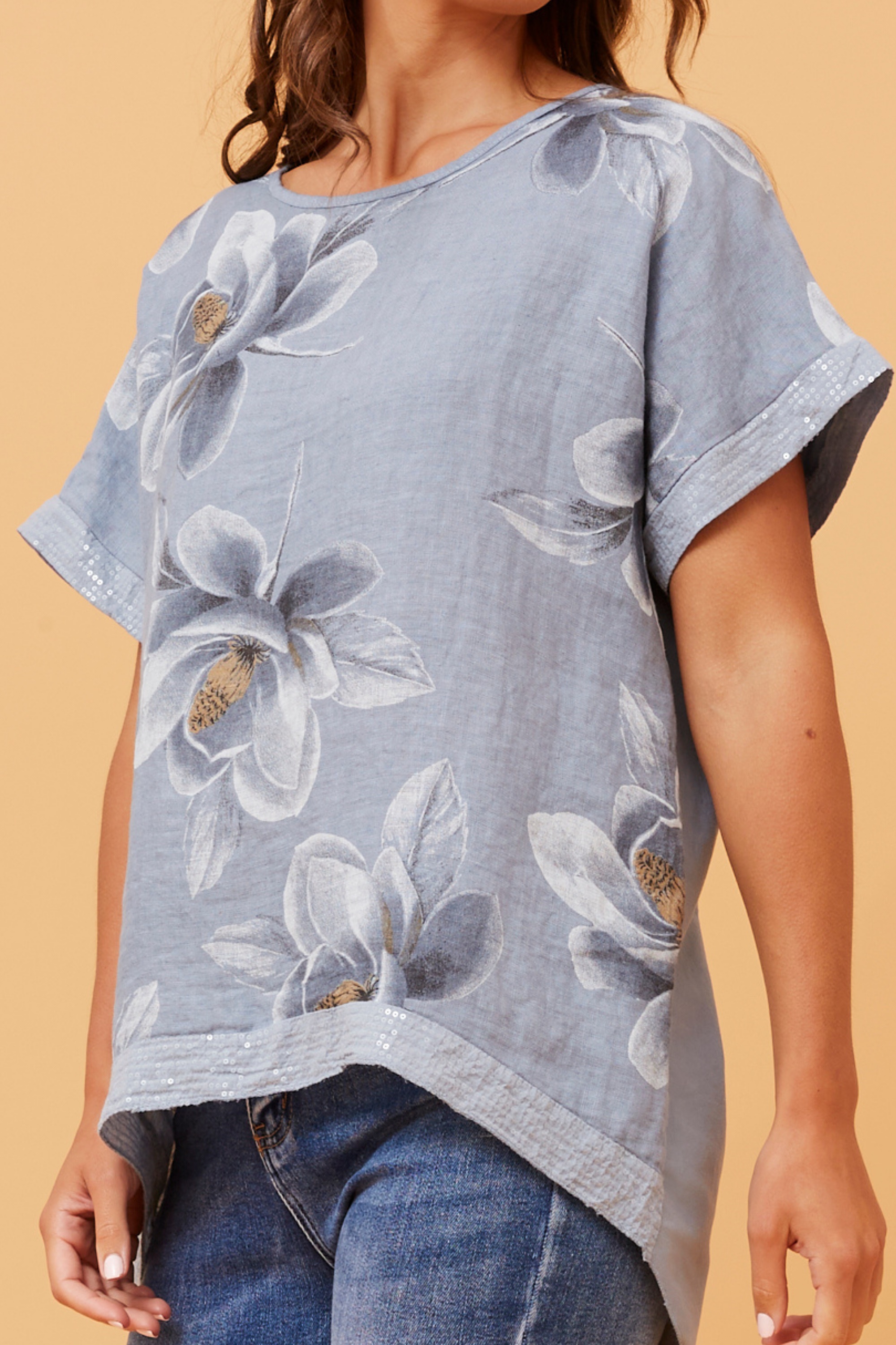 SOULA FLORAL SEQUIN LINEN TOP