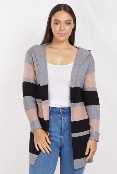 STRIPE KNIT CARDIGAN WITH HOODY