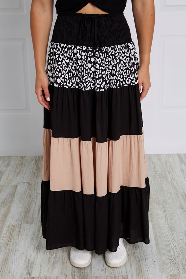 TIERED COLOUR BLOCK MAXI SKIRT