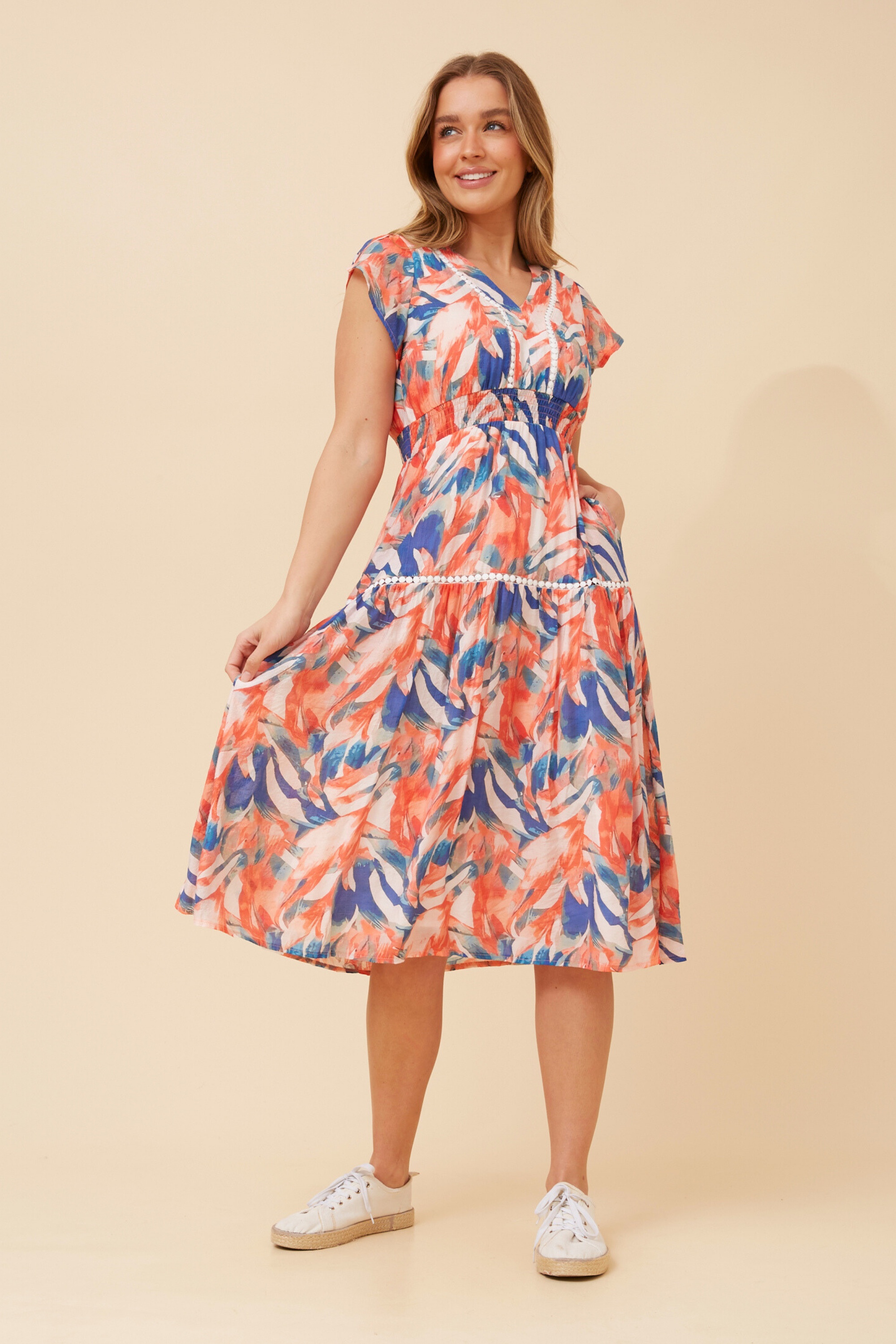 VENNIE ABSTRACT PRINT MIDI DRESS