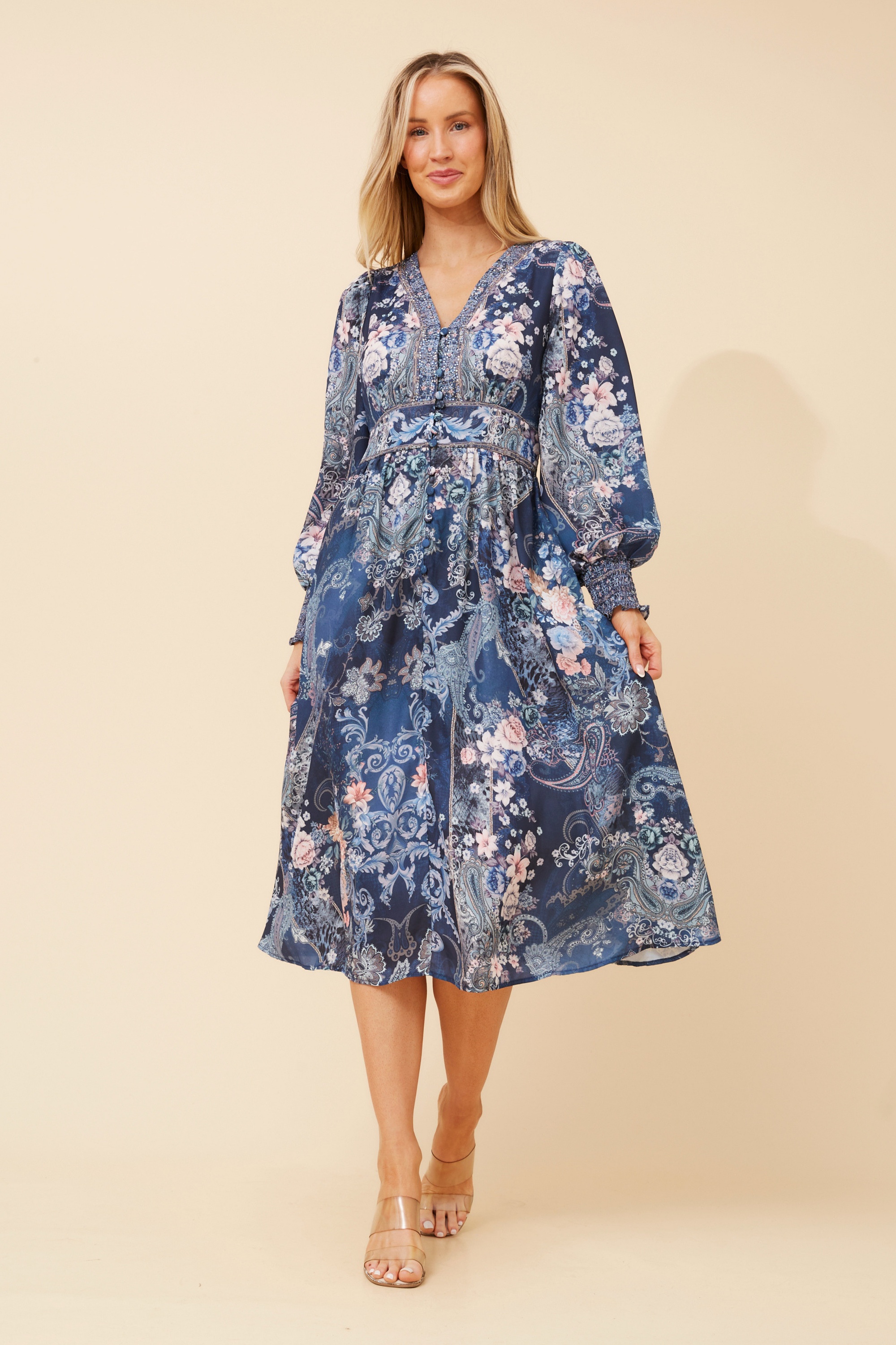 VINA ARABESQUE PRINT MIDI DRESS